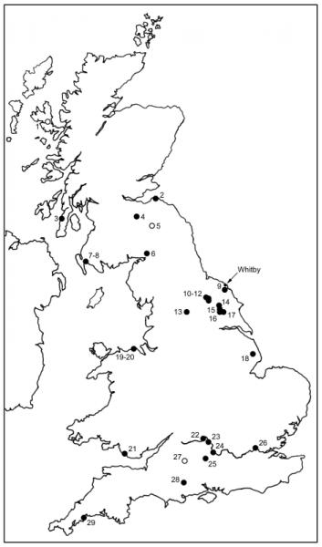 A simple outline map of Britain showing the distribution of belt sliders as a scatter in southern and mid England, along the coast of Wales, and and southern Scotland